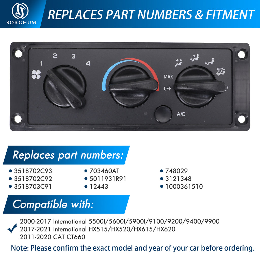 Sorghum 3518702C93 Air Conditioning Panel Control Switch Fit for 2000-2017 International 5500I/5600I/5900I/9100/9200/9400/9900