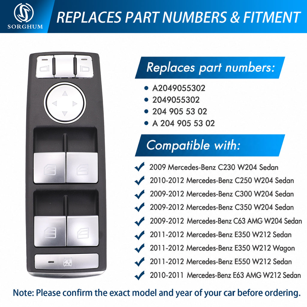 Sorghum A2049055302 Master Power Window Switch Silver Trim for Mercedes Benz C230 C250 C280 C300 350